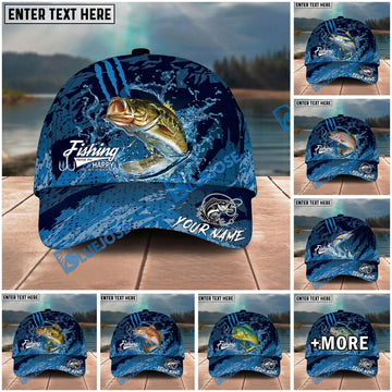 BlueJose Fishing Blue Scratch Camo Water Splash Personalized Name Classic 3D Cap Personalized Cap (13 Breeds)