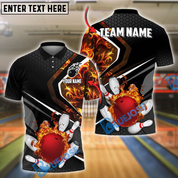 BlueJose Bowling And Pins Flame Pattern Customized Name, Team Name 3D Shirt (4 Colors)