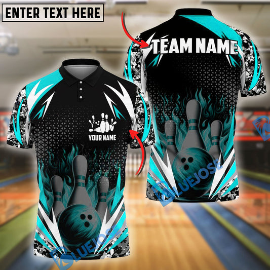 BlueJose Bowling And Pins Flame Thunder Pattern Customized Name, Team Name 3D Shirt (4 Colors)