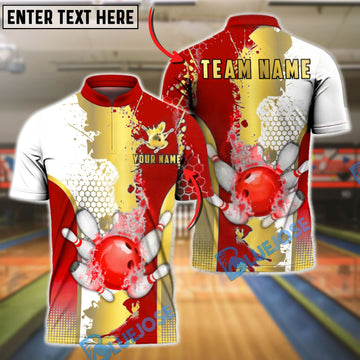 BlueJose Bowling & Pins Gold Splatter Paint Hexagon Texture Customized Name, Team Name 3D Shirt (4 Colors)