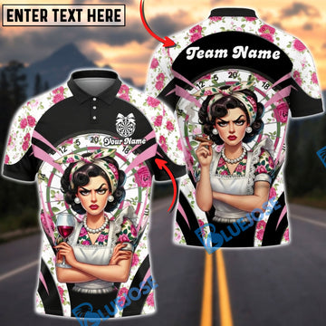 BlueJose Darts Retro Pinup Lady Floral Dartboard Personalized Name, Team Name Unisex Shirt (6 Colors)