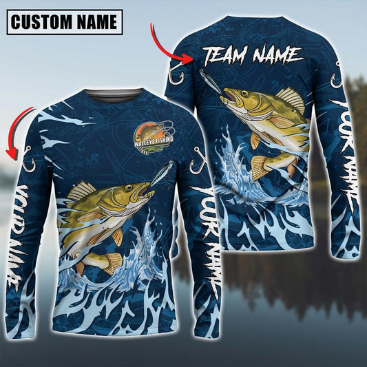 Bluejose Walleye Fishing Navy Water Pattern Custom Name & Team Name 3D Shirts