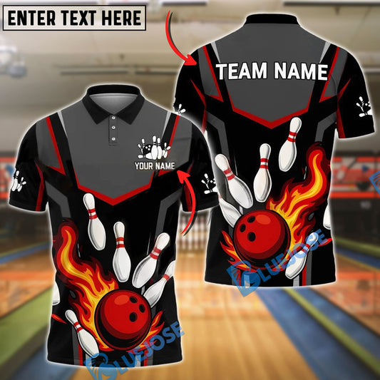 BlueJose Bowling And Pins Flaming Strike Customized Name, Team Name 3D Shirt (4 Colors)
