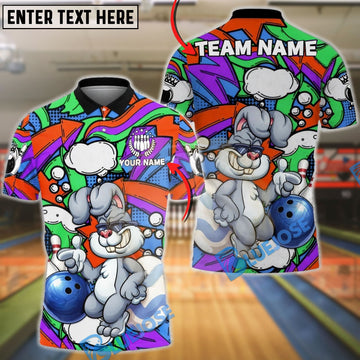BlueJose Bowling & Pins Cool Bunny Cartoon Pop Art Colorful Customized Name, Team Name 3D Shirt (4 Colors)