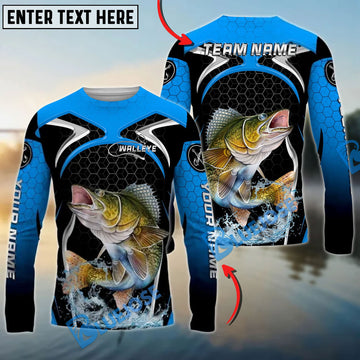 Bluejose Walleye Fishing Deep Blue Hexagon Sport Design Custom Name & Team Name 3D Shirts