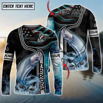 Bluejose Chinook Salmon Jumping Fish American Flag Wave Splash Custom Name & Team Name 3D Shirts
