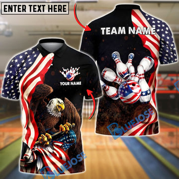 BlueJose Bowling American Flag Eagle Strike Patriotic Design Personalized Name, Team Name 3D Shirt