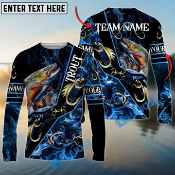 Bluejose Trout Fishing Realistic Jumping Blue Water Flame Golden Hooks Custom Name & Team Name 3D Shirts