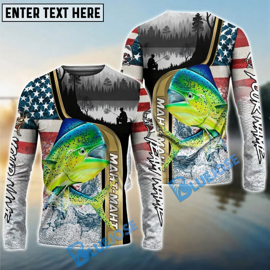 Bluejose Mahi-mahi Fishing Giant Fish Water Splash American Flag Landscape Custom Name & Team Name 3D Shirts