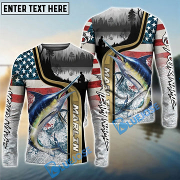 Bluejose Marlin Fishing Giant Fish Water Splash American Flag Landscape Custom Name & Team Name 3D Shirts