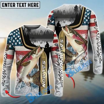 Bluejose Salmon Fishing Giant Fish Water Splash American Flag Landscape Custom Name & Team Name 3D Shirts