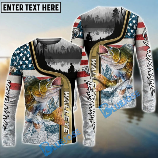Bluejose Walleye Fishing Giant Fish Water Splash American Flag Landscape Custom Name & Team Name 3D Shirts