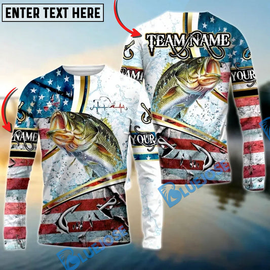 Bluejose Bass Fishing USA Flag Dynamic Splash Custom Name & Team Name 3D Shirts
