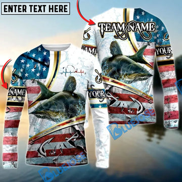 Bluejose Catfish Fishing USA Flag Dynamic Splash Custom Name & Team Name 3D Shirts