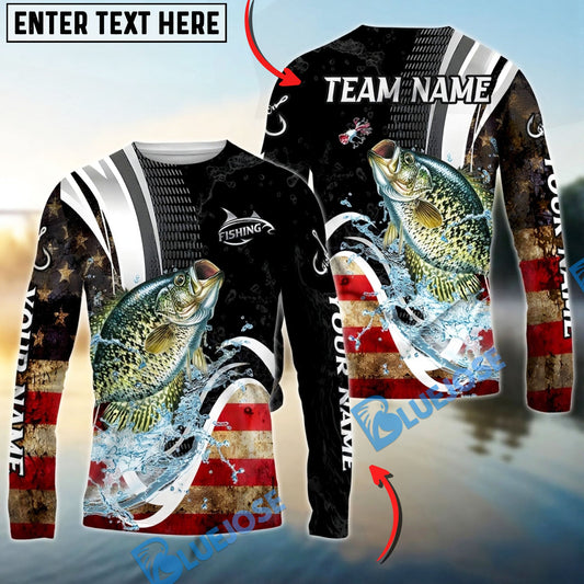 Bluejose Crappie Fishing American Flag Splash Art Custom Name & Team Name 3D Shirts