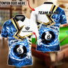 BlueJose Billiards 8-Ball White Flame Burst Personalized Name, Team Name Unisex Shirt (4 Colors)