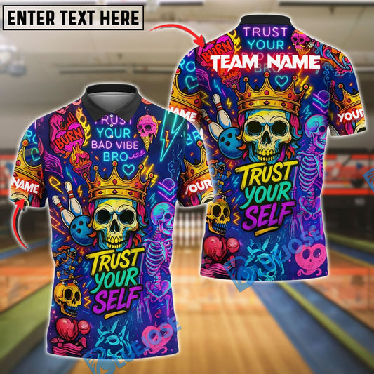 BlueJose Bowling And Pins Neon Skull Vibes Personalized Name, Team Name Unisex Shirt