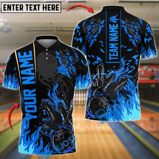 BlueJose Bowling And Pins Black Basic Flaming Design Customized Name 3D Shirt (6 Colors)