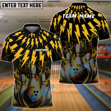 BlueJose Bowling And Pins Thunder Rain Flame Customized Name 3D Shirt ( 6 Colors)