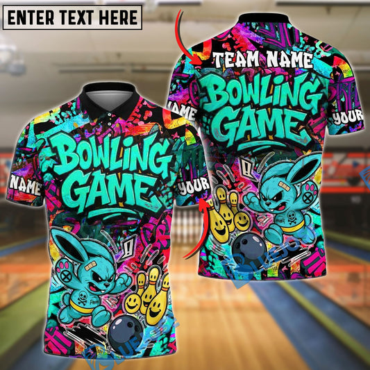 BlueJose Bowling And Pins Graffiti Colorful Bunny Customized Name, Team Name 3D Shirt (4 Colors)