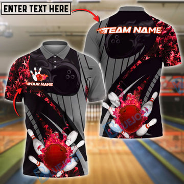 BlueJose Bowling Flaming Ball and Pins Grey Pattern Customized Name, Team Name 3D Shirt (4 Colors)
