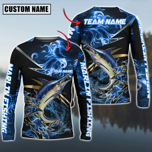 Bluejose Marlin Fishing Blue Flame Premium Golden & Silver Line Pattern Custom Name & Team Name 3D Shirts