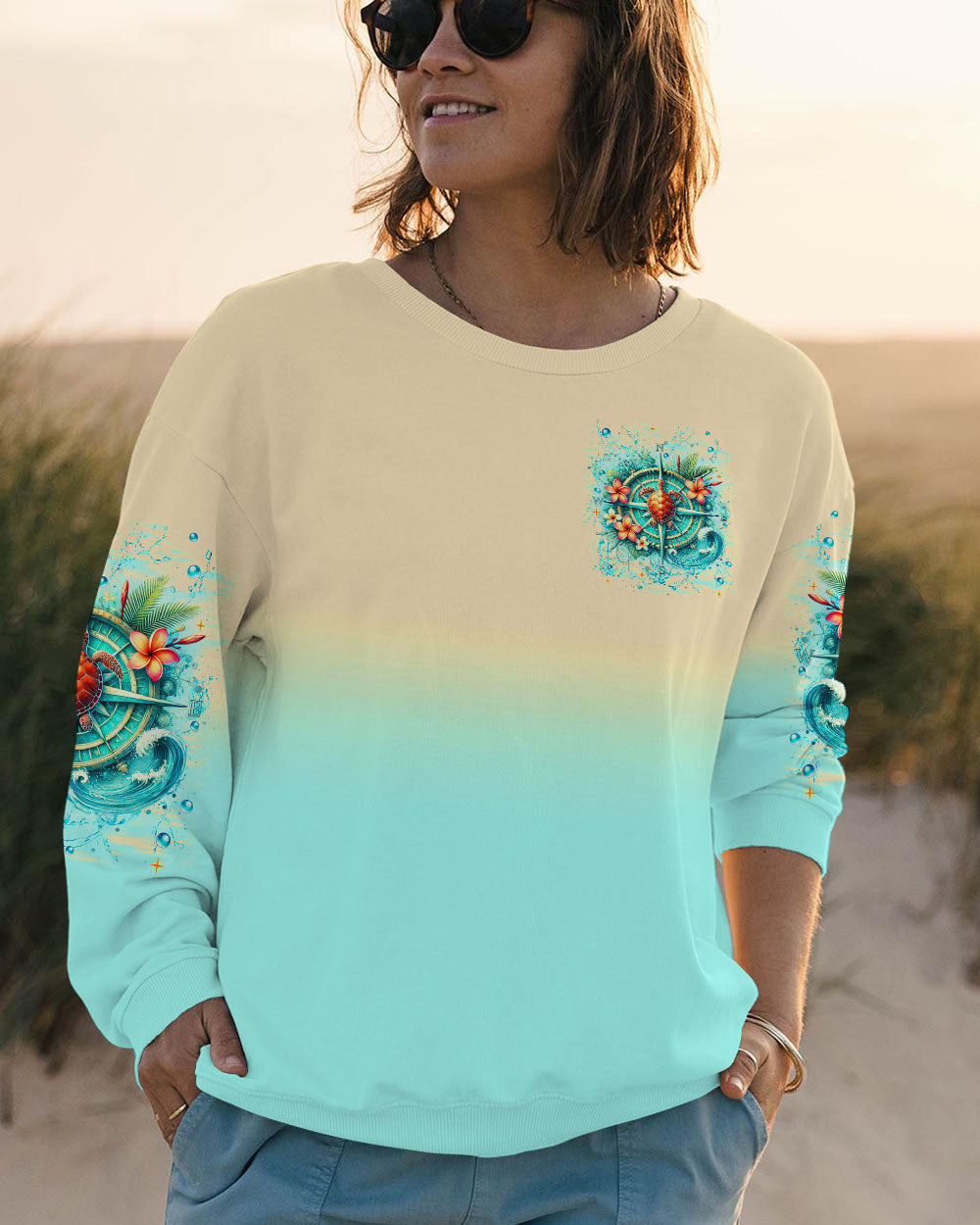 SMELL THE SEA FEEL THE BREEZE TURTLE COMPASS ALL OVER PRINT - TLNT1702251