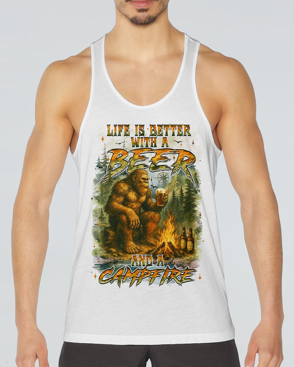 LIFE IS BETTER WITH A BEER AND A CAMPFIRE BIGFOOT ALL OVER PRINT - YHHN1009252