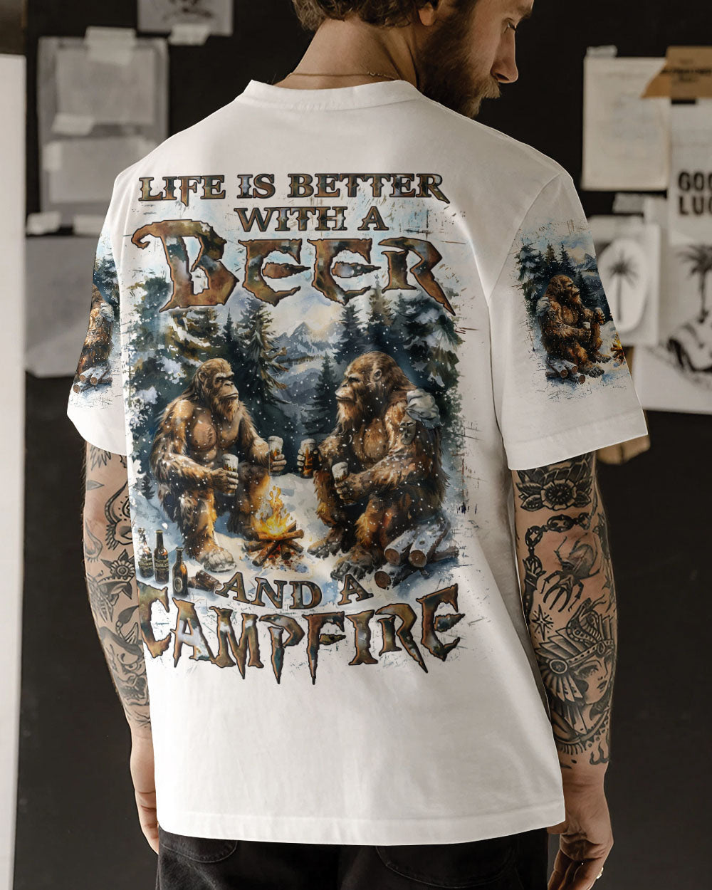 LIFE IS BETTER WITH A BEER AND A CAMPFIRE BIGFOOT ALL OVER PRINT - YHLN1010241