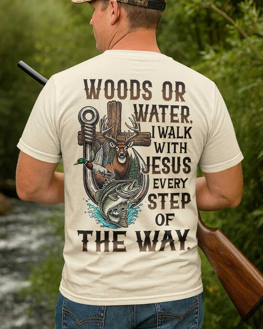 BlueJose Woods Or Water I Walk With Jesus Shirt, Personalized Hunting 3D Shirt - Beige