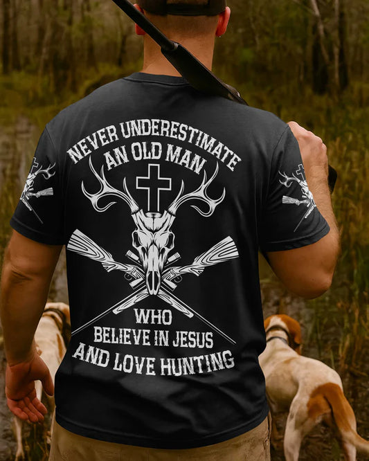 BlueJose Never Underestimate An Old Man Who Believe In Jesus And Love Hunting Shirt, Personalized Hunting 3D Shirt - Black