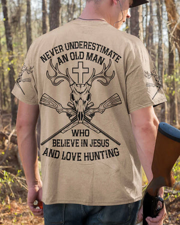 BlueJose Never Underestimate An Old Man Who Believe In Jesus And Love Hunting Shirt, Personalized Hunting 3D Shirt - Beige