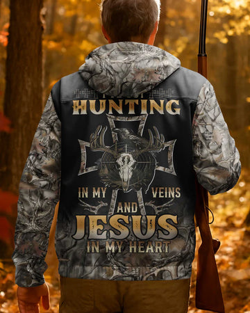 BlueJose Hunting In My Veins And Jesus In My Heart Shirt, Personalized Hunting 3D Shirt