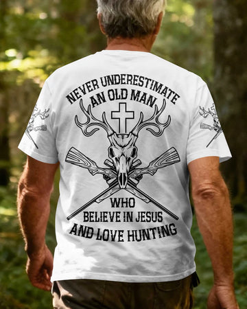 BlueJose Never Underestimate An Old Man Who Believe In Jesus And Love Hunting Shirt, Personalized Hunting 3D Shirt - White