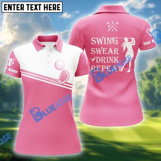 BlueJose Pink & White Golf Polo Shirt, Swing, Swear, Drink, Repeat, Custom Name & Team Name 3D Shirt