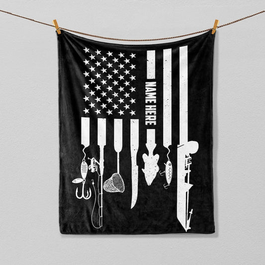 BlueJose Custom Name Fishing Black USA Flag Blanket