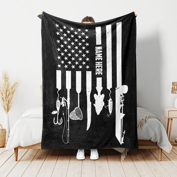 BlueJose Custom Name Fishing Black USA Flag Blanket