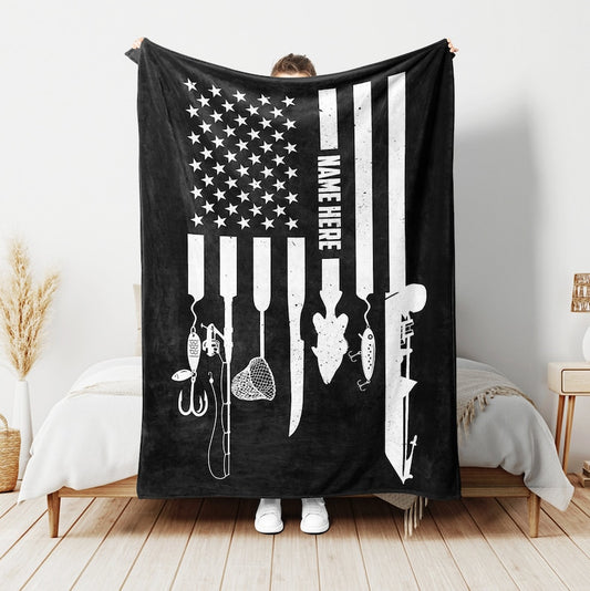 BlueJose Custom Name Fishing Black USA Flag Blanket