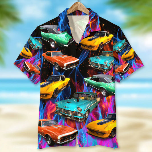 Custom Muscle Car Photo Hawaiian Shirt, Colorful Flame Pattern