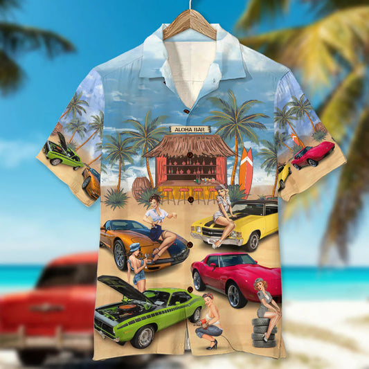 Custom Muscle Car Photo Hawaiian Shirt, Sexy Girls Sitting On Cars, Beach Pattern