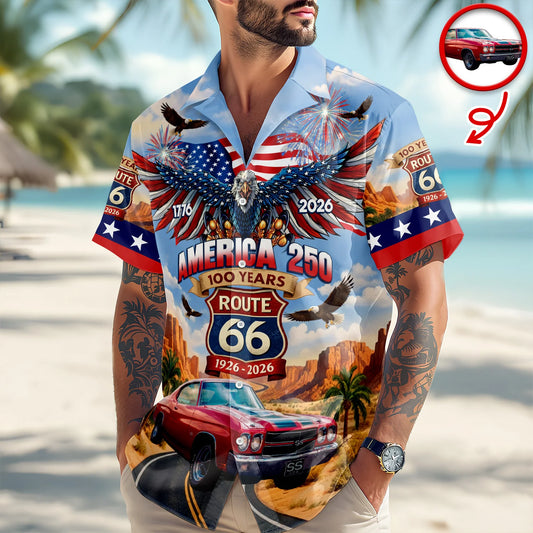 BlueJose Custom Car Photo America 250 100 Years Route 66 1926-2026 Hawaii Shirt