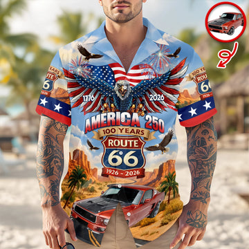 BlueJose Custom Car Photo America 250 100 Years Route 66 1926-2026 Hawaii Shirt