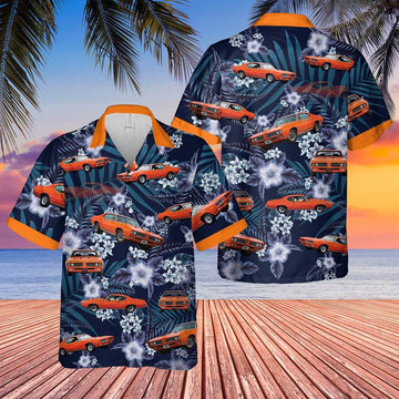 Bluejose Orange Classic Muscle Car Tropical Floral Hawaiian Shirt