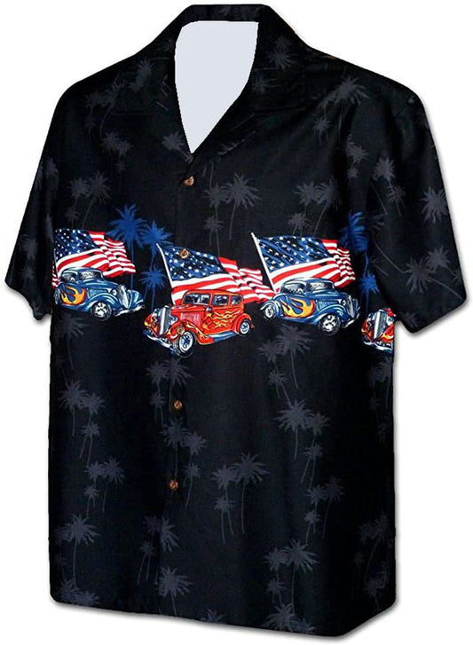 Bluejose Retro Hot Rod American Flag Hawaiian Shirt