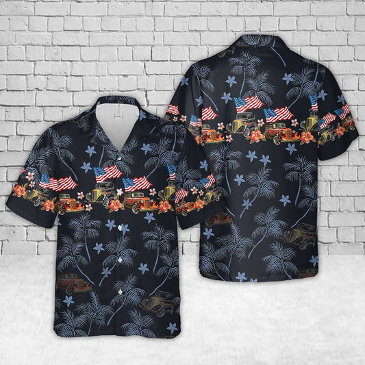 Bluejose Custom Car American Flag Hot Rod Classic Car Hawaiian Shirt