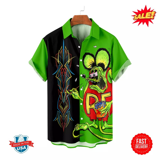 Bluejose Rat Fink Hawaiian Shirt - Crazy Cartoon Rat, Classic 60s Dragster Racing Theme