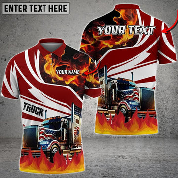 Bluejose Truck Flame U.S Flag Pattern Personalized Name Polo Shirt For Truck Driver