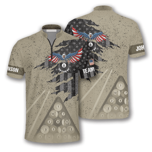 BlueJose Eagle Retro American Flag Billiard Custom Name Zipper Polo Shirt