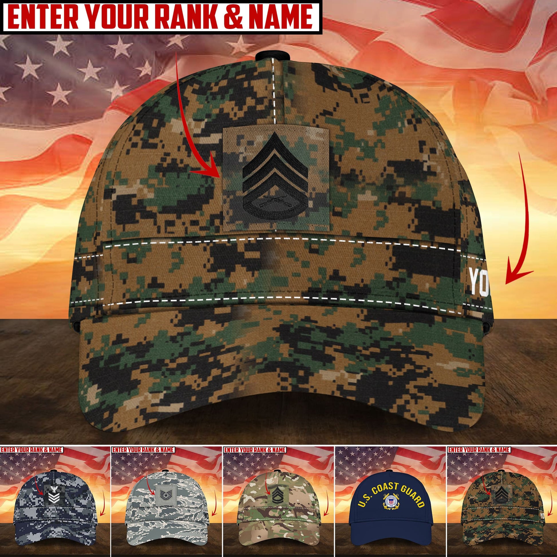 BlueJose Premium Personalised Multiple US Military Services Veteran 3D Cap PVC170204