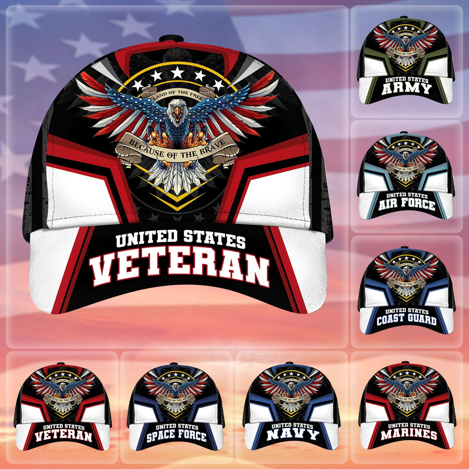 BlueJose Premium Land Of The Free Because Of The Brave US Veteran Cap APVC190701